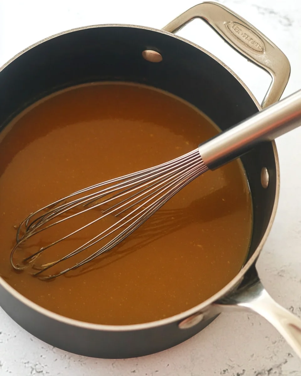 A pot with thin caramel and whisk.