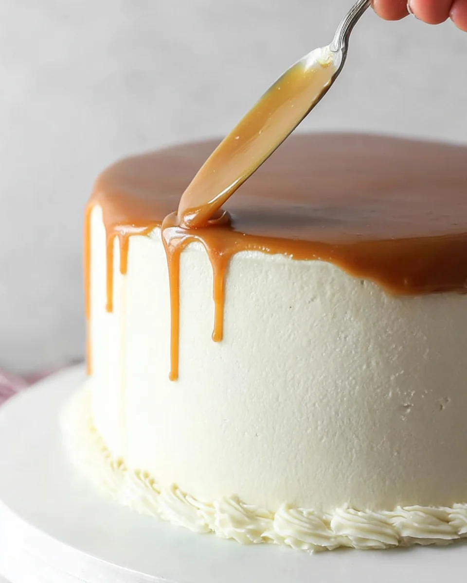 Spoon drizzling caramel around the outside of a cake.