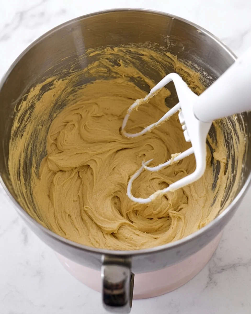 A mixing bowl with cake batter that has had dry ingredients mixed into it.