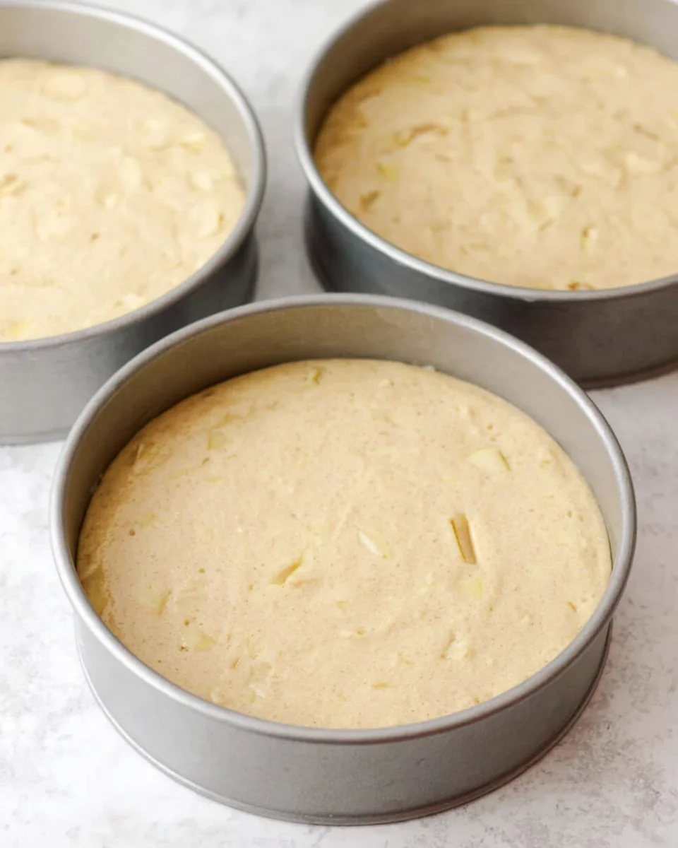 Three cake pans filled with apple cake batter.