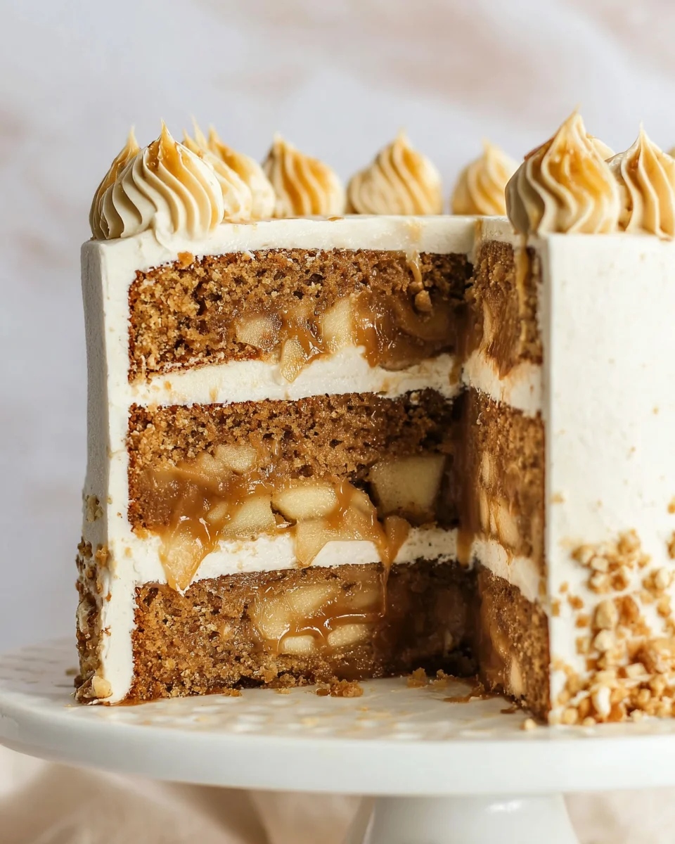 Side view of a Caramel Apple Layer Cake with slices removed to show interior layers.