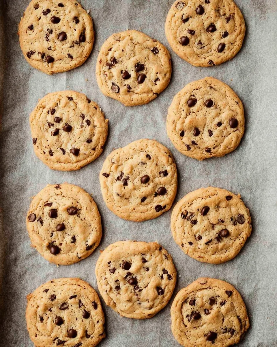 A baking tray with ten delicious chocolate chip cookies arranged in perfect rows on parchment paper.