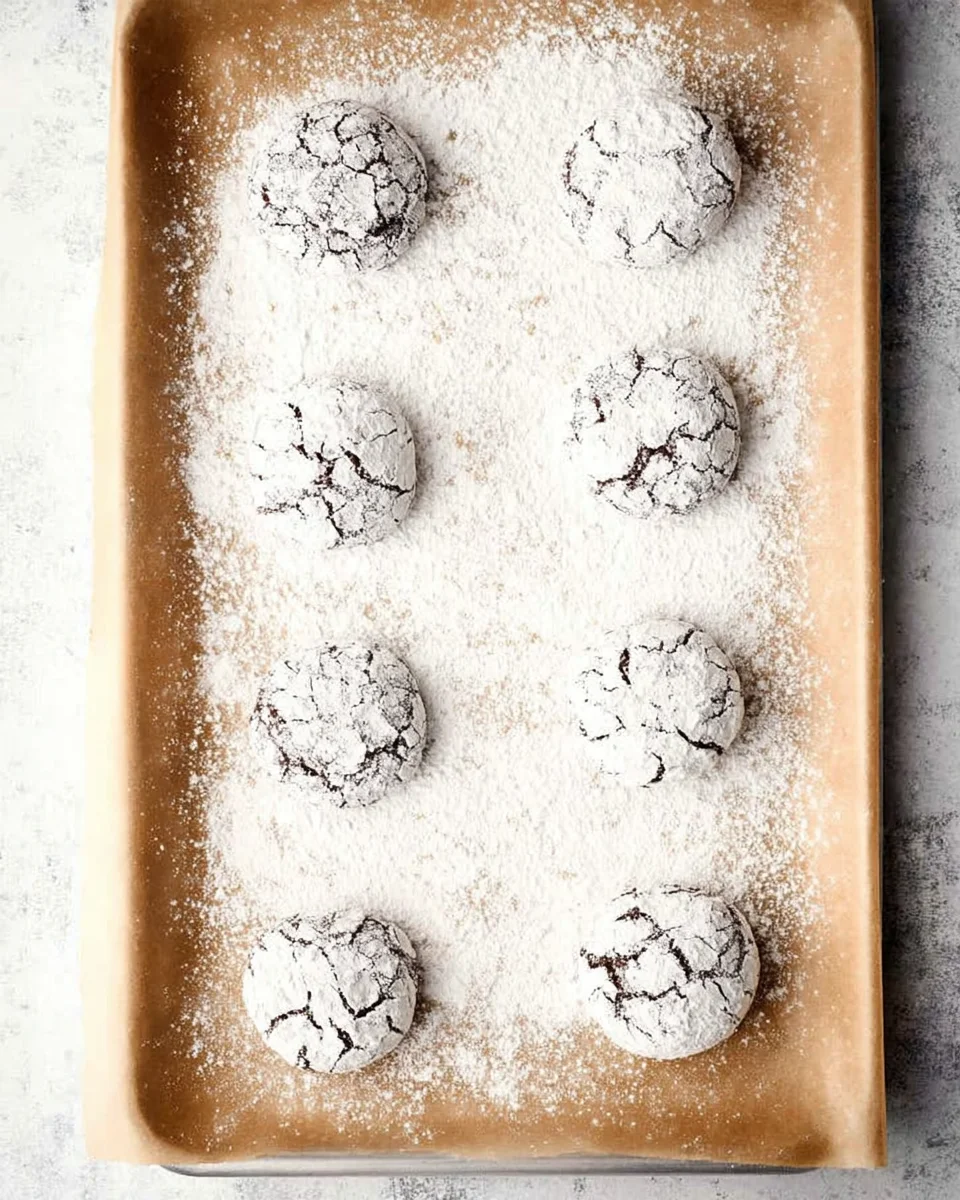 Nine powdered sugar-dusted chocolate crinkle cookies are arranged in neat rows on a parchment-lined baking sheet.