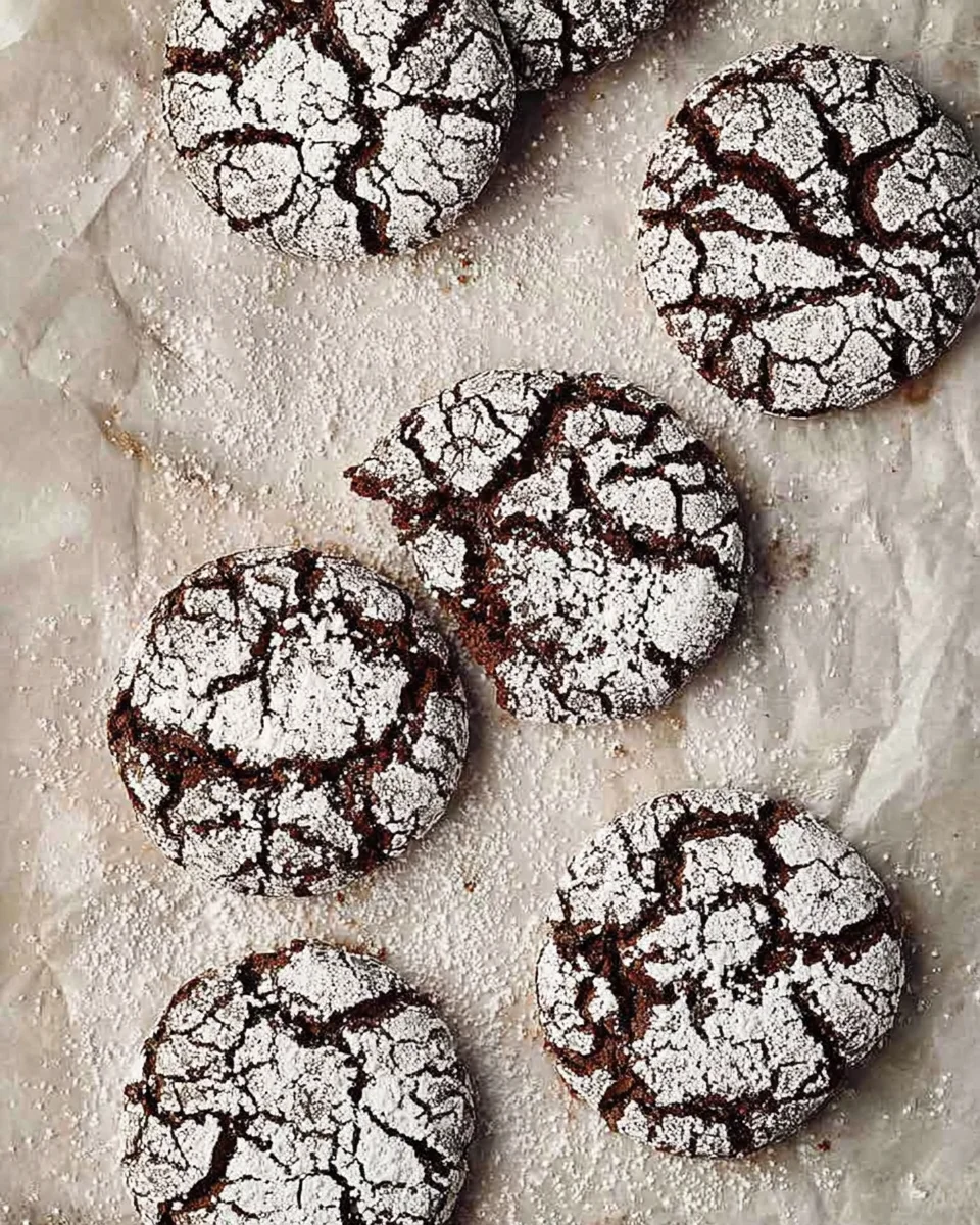 Several delectable chocolate crinkle cookies, dusted with powdered sugar, are artfully arranged on parchment paper.