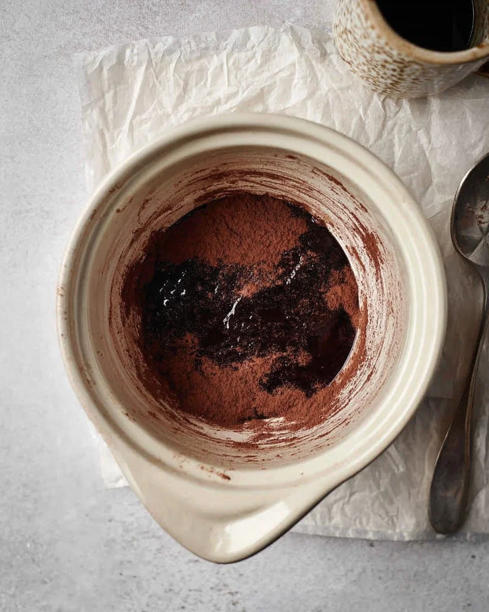 A mixing bowl with cocoa powder and other dark brown liquid ingredients partially blended, perfect for making chocolate crinkle cookies.
