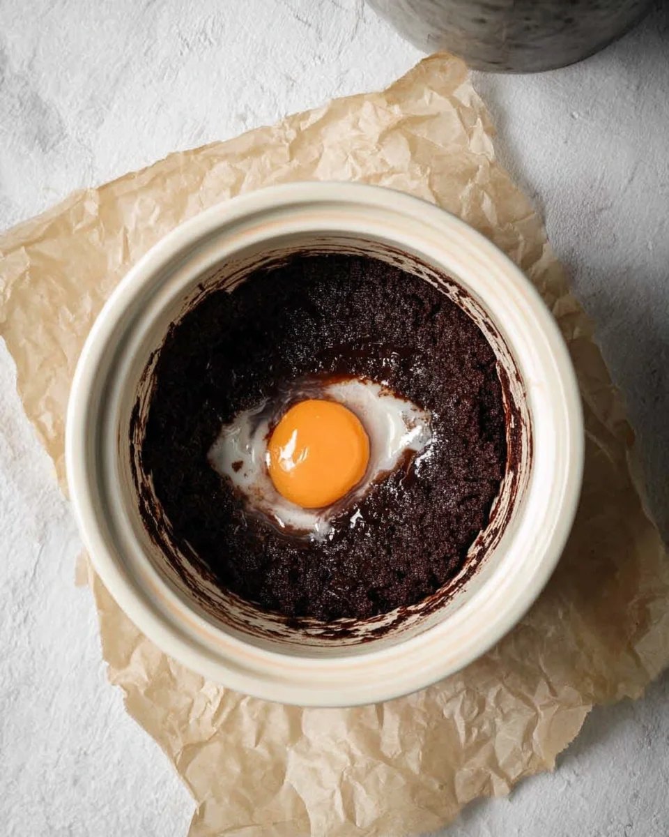 A white mixing bowl contains dark chocolate brownie batter with a raw egg on top, placed on crumpled parchment paper, ready to transform into delectable chocolate crinkle cookies.