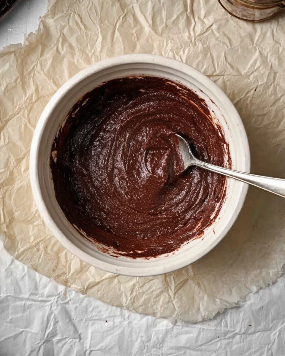 A bowl of chocolate batter with a metal spoon rests on crumpled parchment paper, poised to become delicious chocolate crinkle cookies.