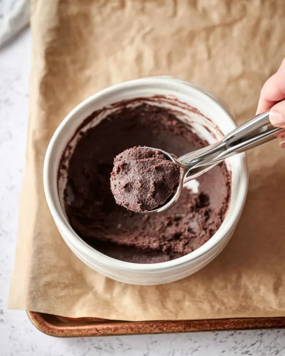 A hand holds a metal scoop filled with chocolate cookie dough over a white ceramic bowl, which also contains more of the dough. The bowl is on a parchment-covered baking sheet, ready for making delicious chocolate crinkle cookies.