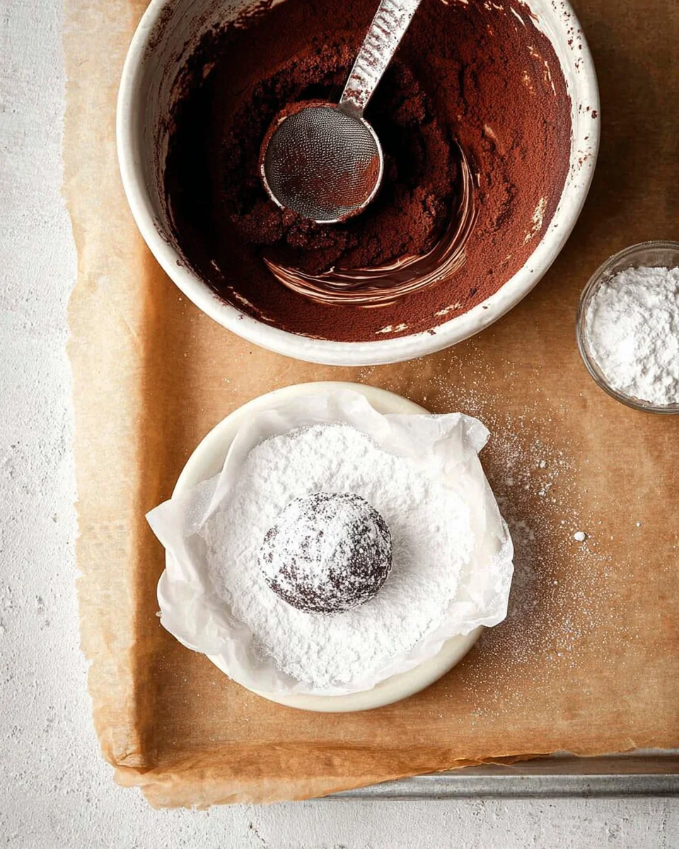 A bowl with chocolate dough and a scoop, a small dish of powdered sugar with a chocolate dough ball inside, and a powdered sugar-coated dough ball on parchment paper—perfect for making delectable chocolate crinkle cookies.