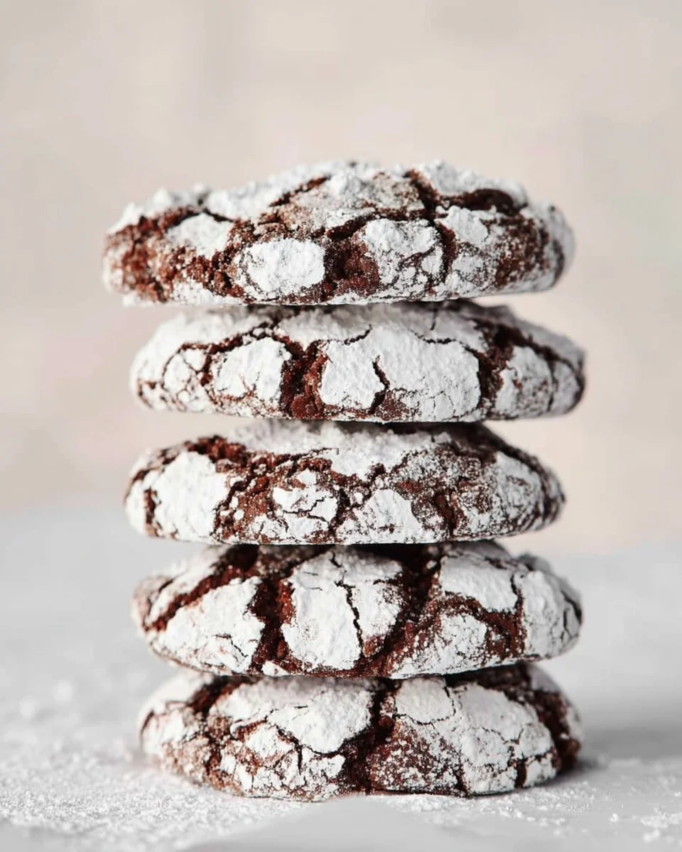 A stack of five delightful chocolate crinkle cookies, generously covered in powdered sugar, stands against a pristine white background.