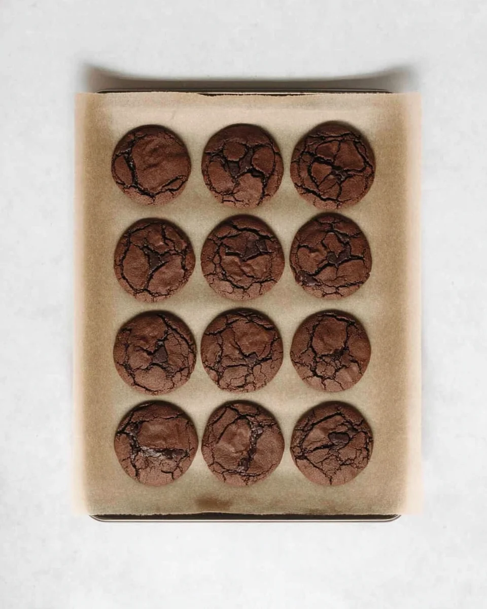 Double chocolate chip cookies baked on a baking sheet.