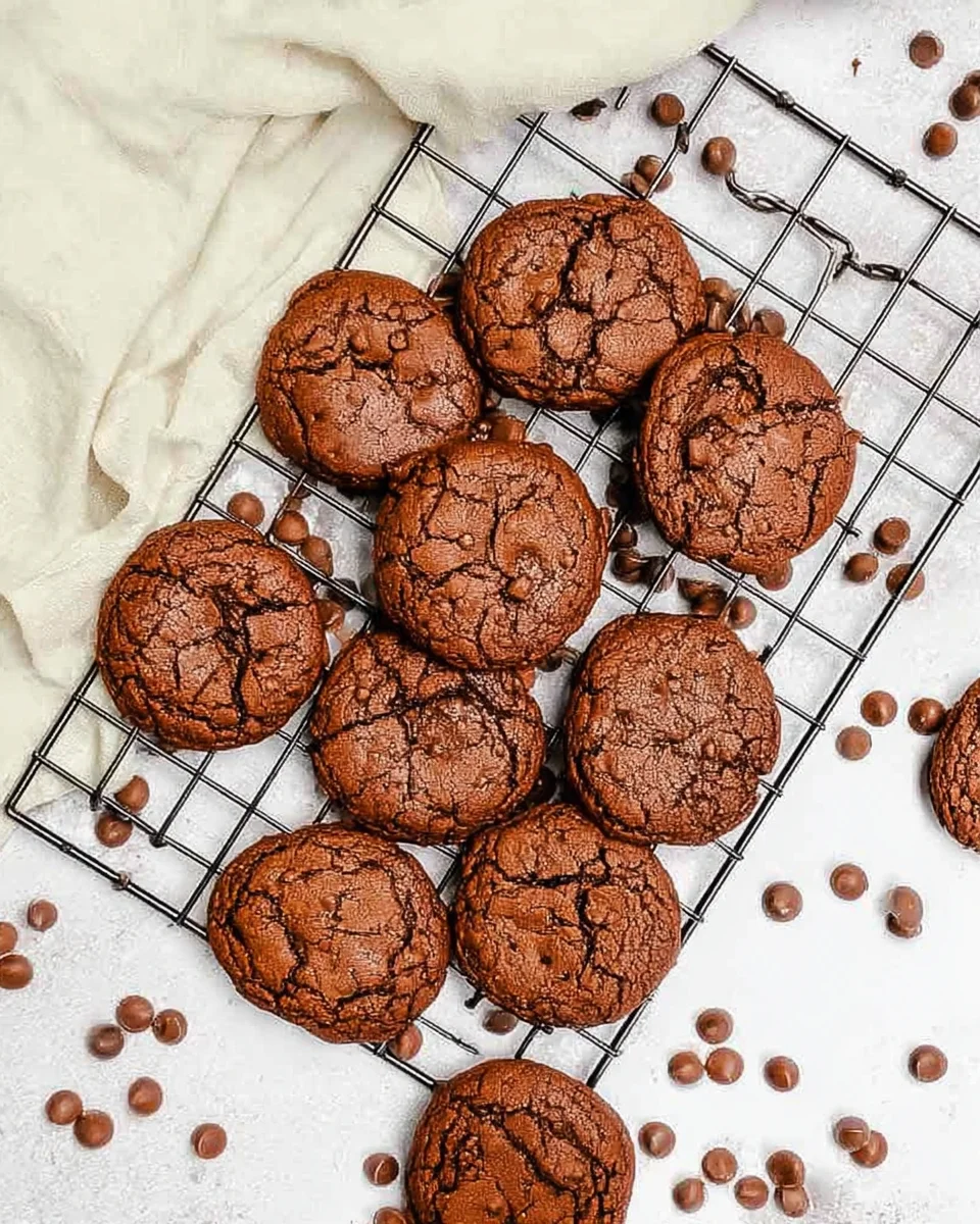 Double chocolate chip cookies on a wire rack with chocolate chips surrounding them.