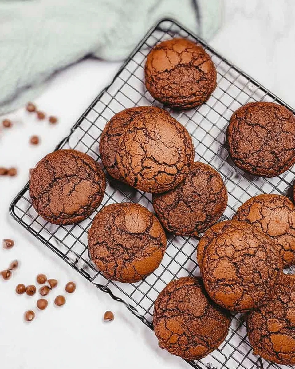 Chocolate cookies on a cooling rack, ready to eat.