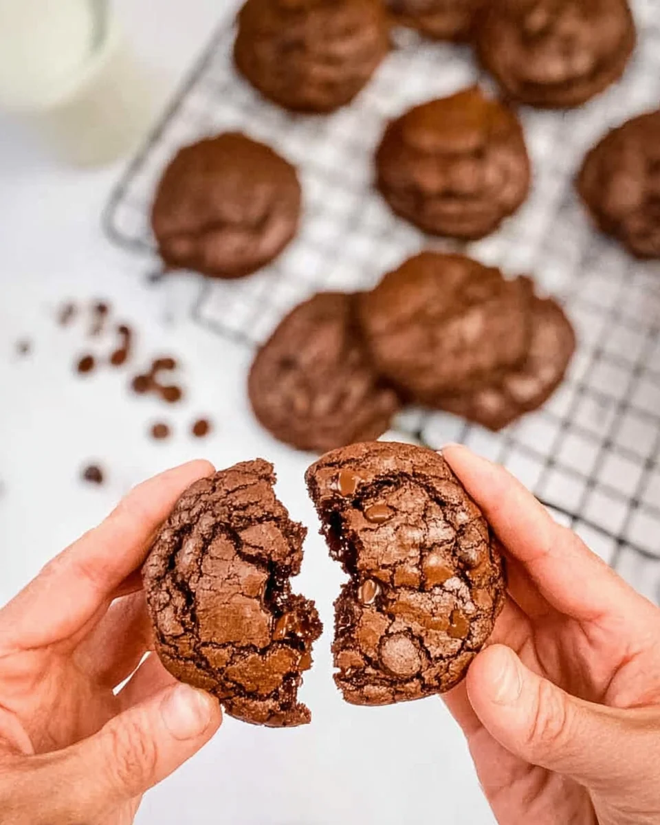 Someone breaking a double chocolate chip cookie in half.
