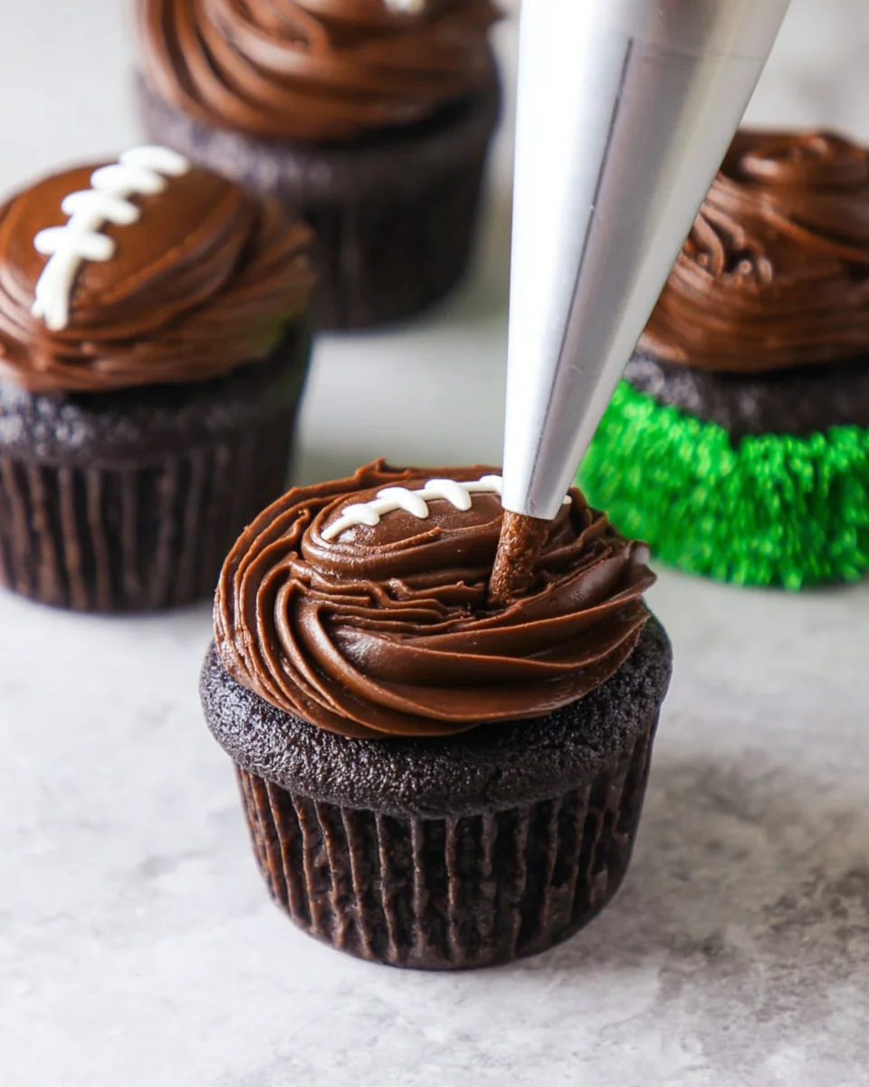 piping chocolate buttercream football onto cupcakes