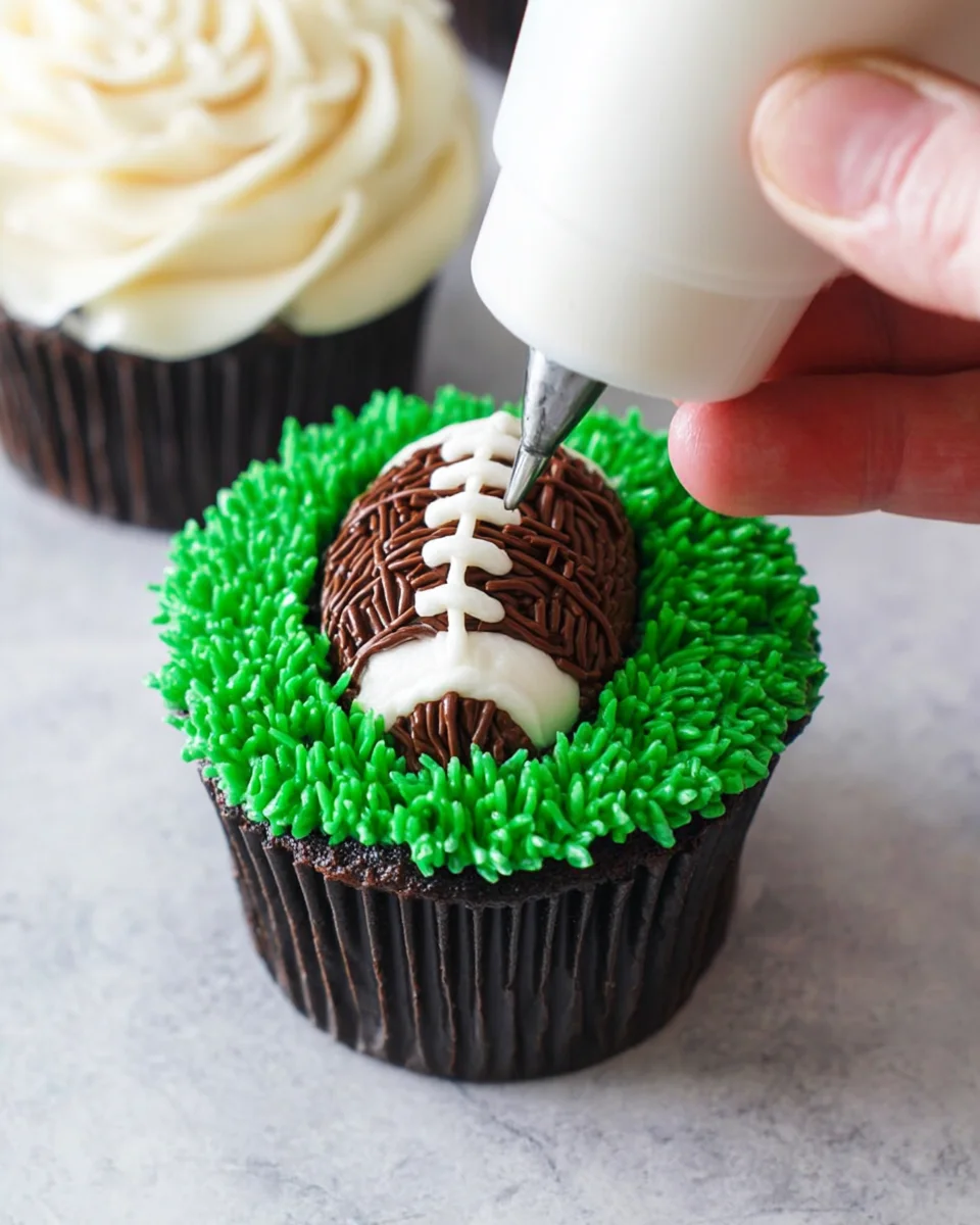 piping white laces onto football cupcake