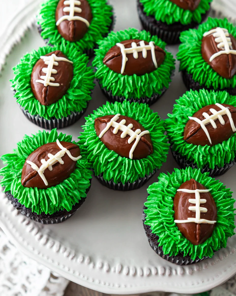overhead image of football cupcakes on white ruffle platter