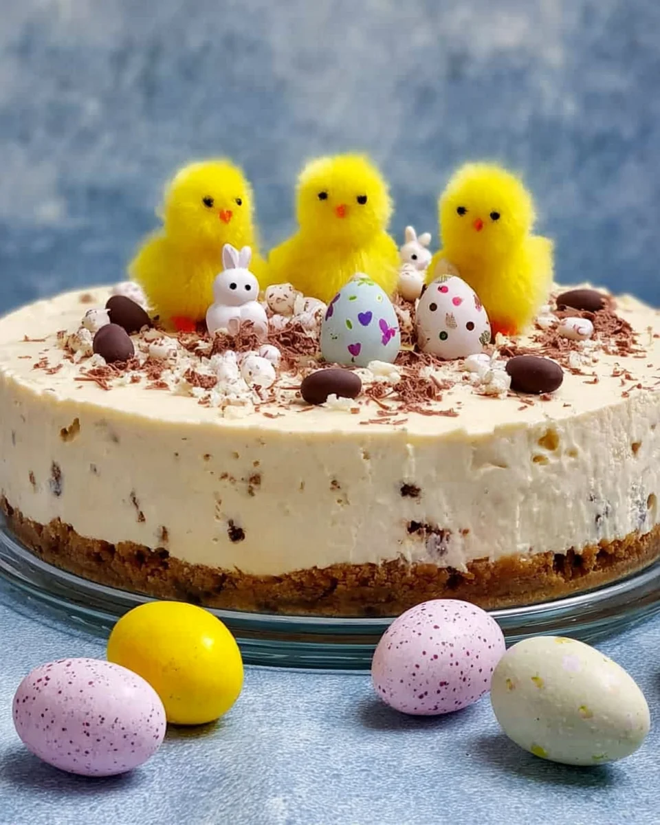 Delicious cheesecake with mini eggs and toy chicks.