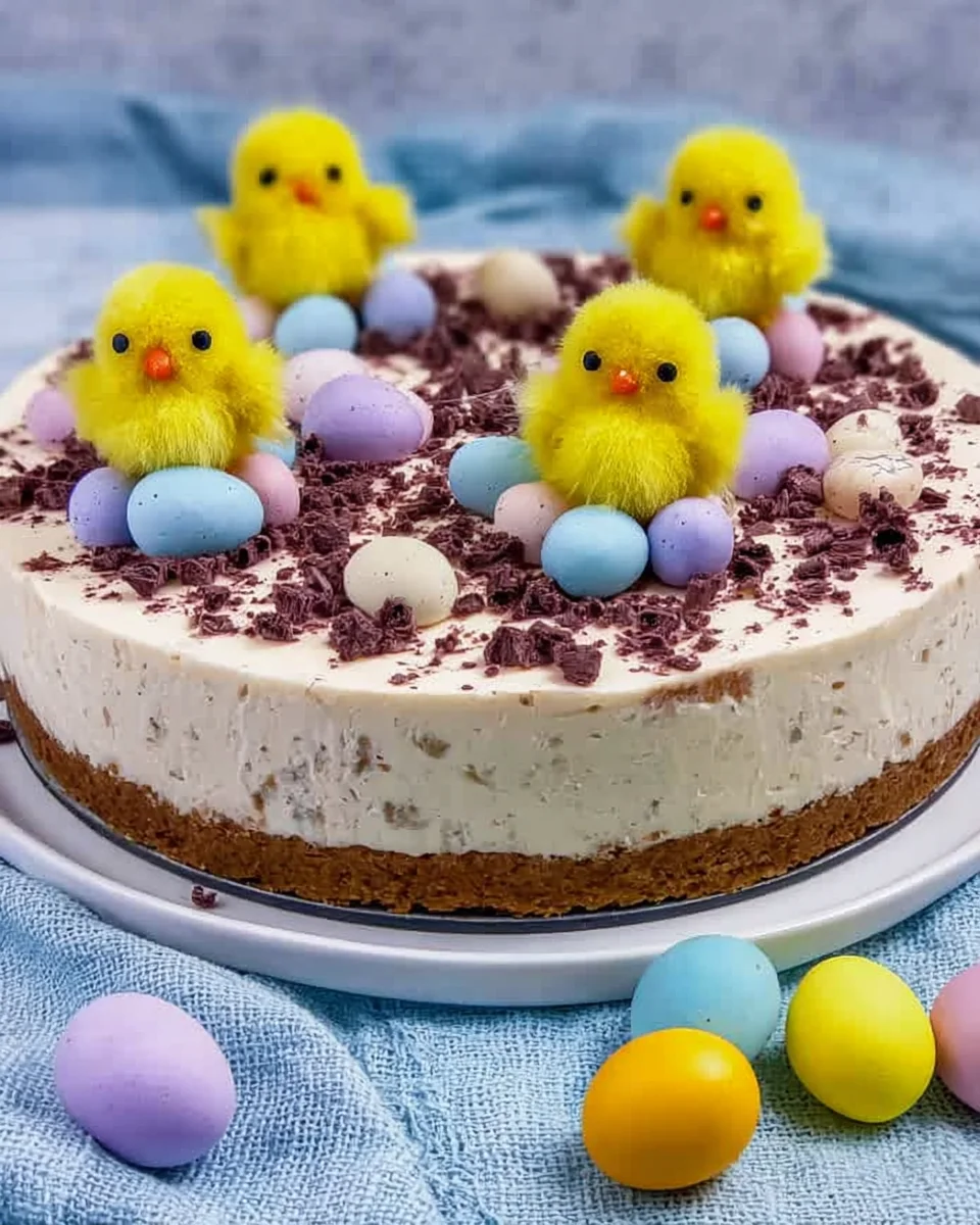 Beautiful cheesecake with multi colored mini eggs, and chicks.