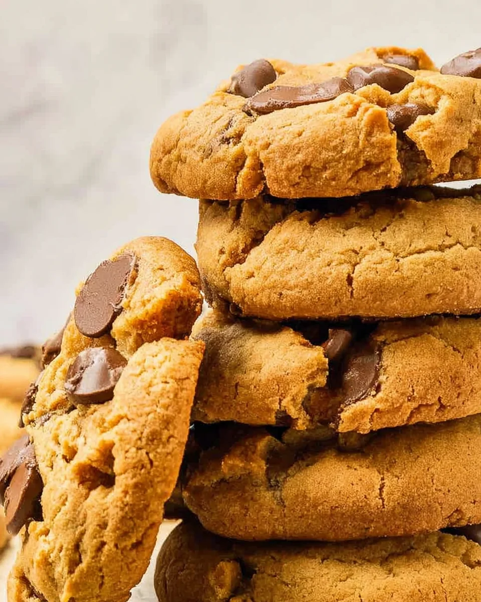 Peanut butter chocolate chip cookies stacked in a pile.