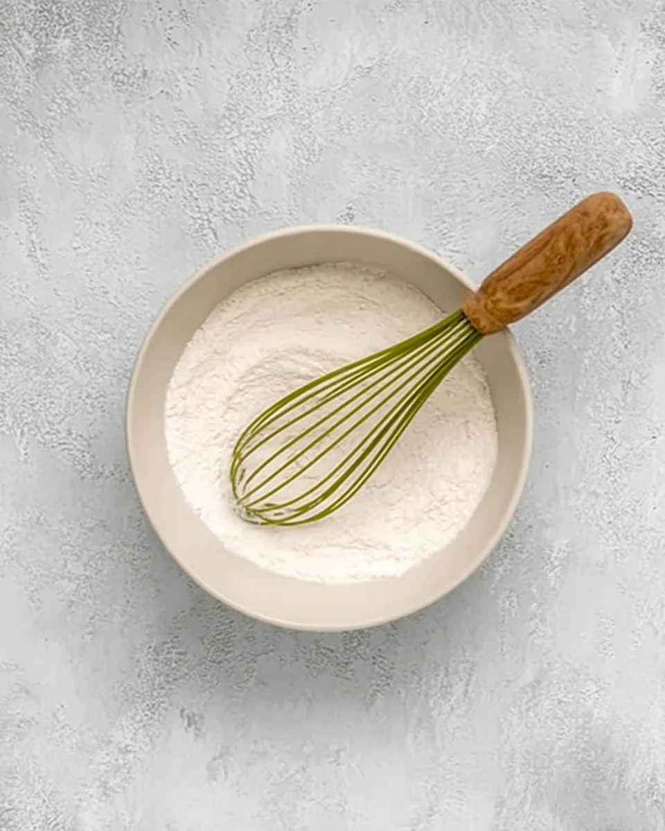 Flour, baking soda, baking powder, and salt all whisked together in a mixing bowl.