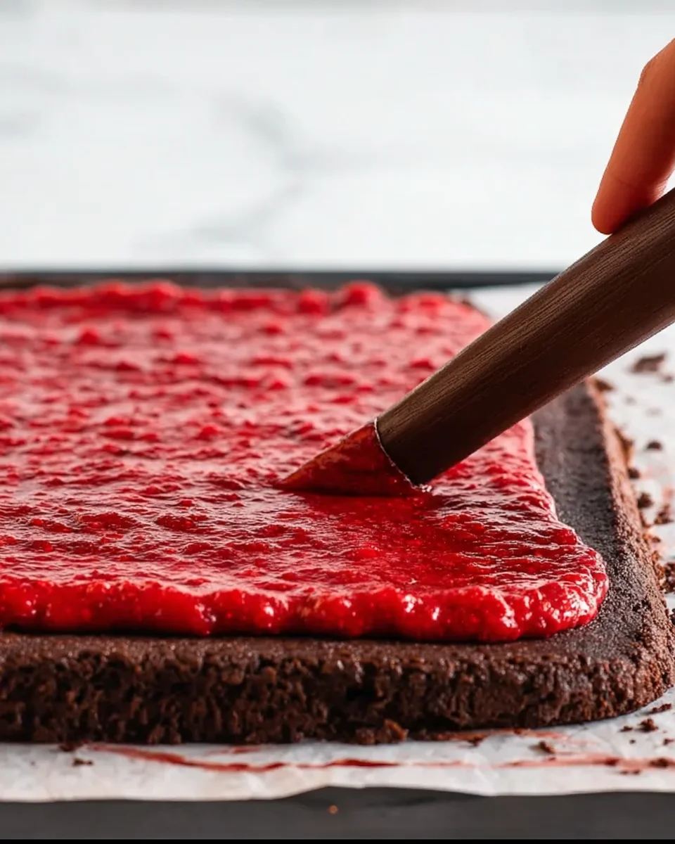 Raspberry sauce being spread on chocolate cake