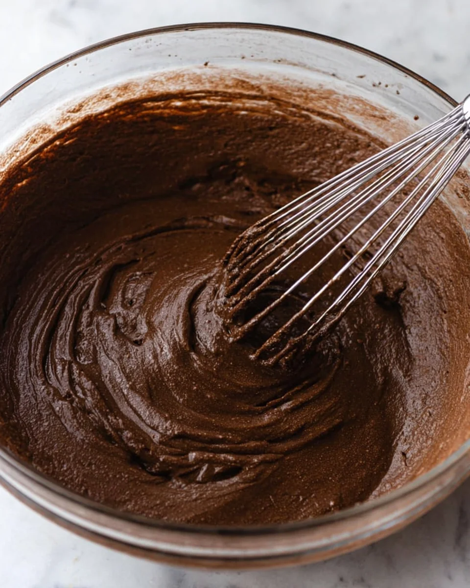 A whisk in chocolate cake batter