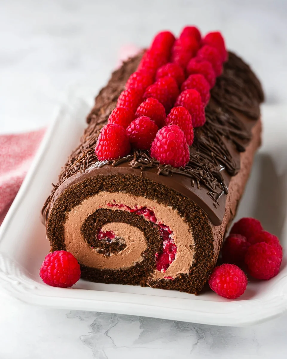 Raspberry chocolate swiss roll topped with raspberires