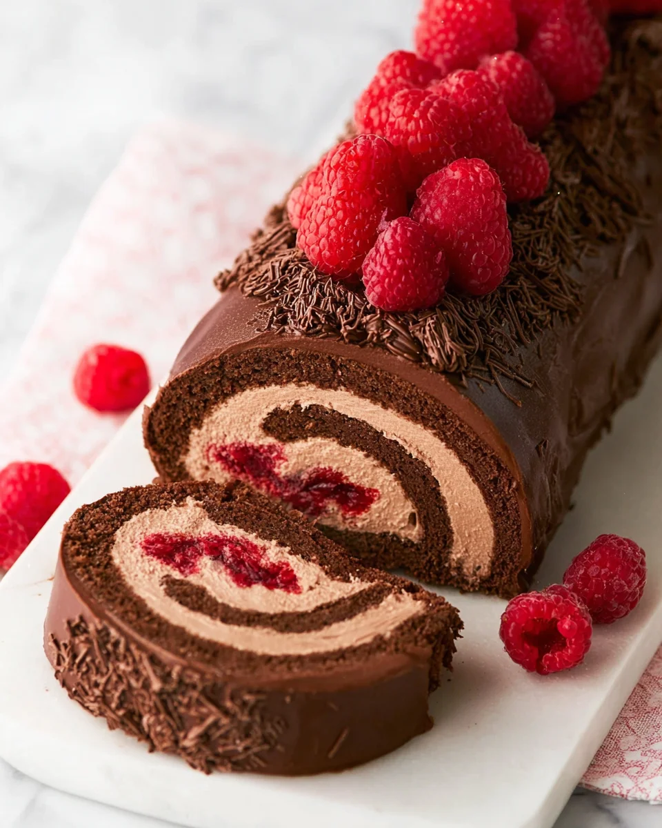 A chocolate raspberry swiss roll with one piece sliced off