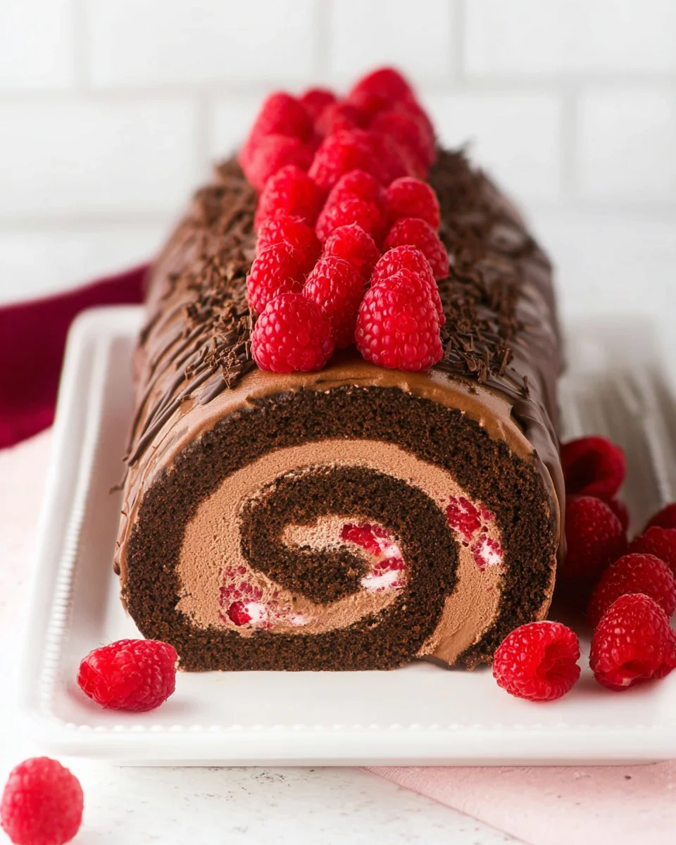 Raspberry chocolate swiss roll topped with raspberires on white platter