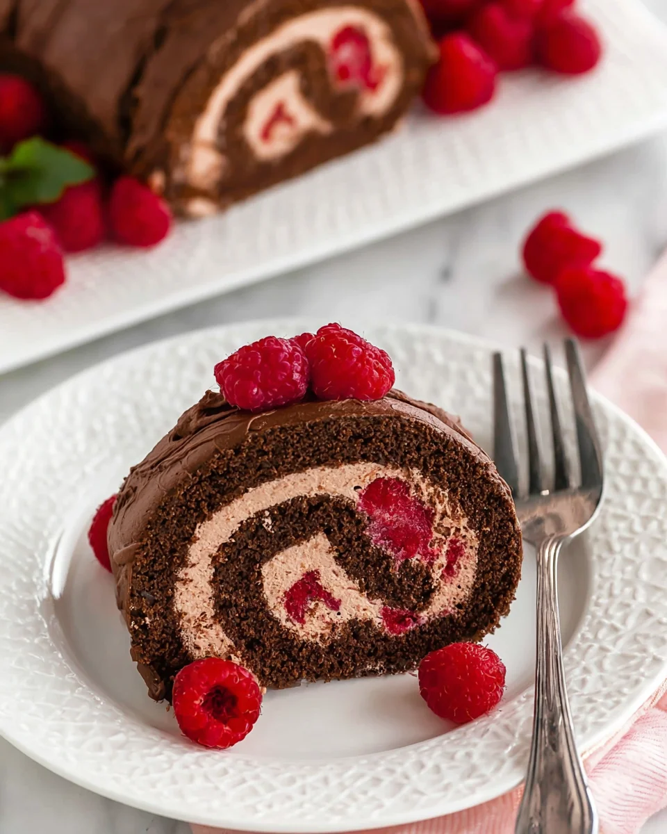 Slice of a raspberry chocolate cake roll on a white plate