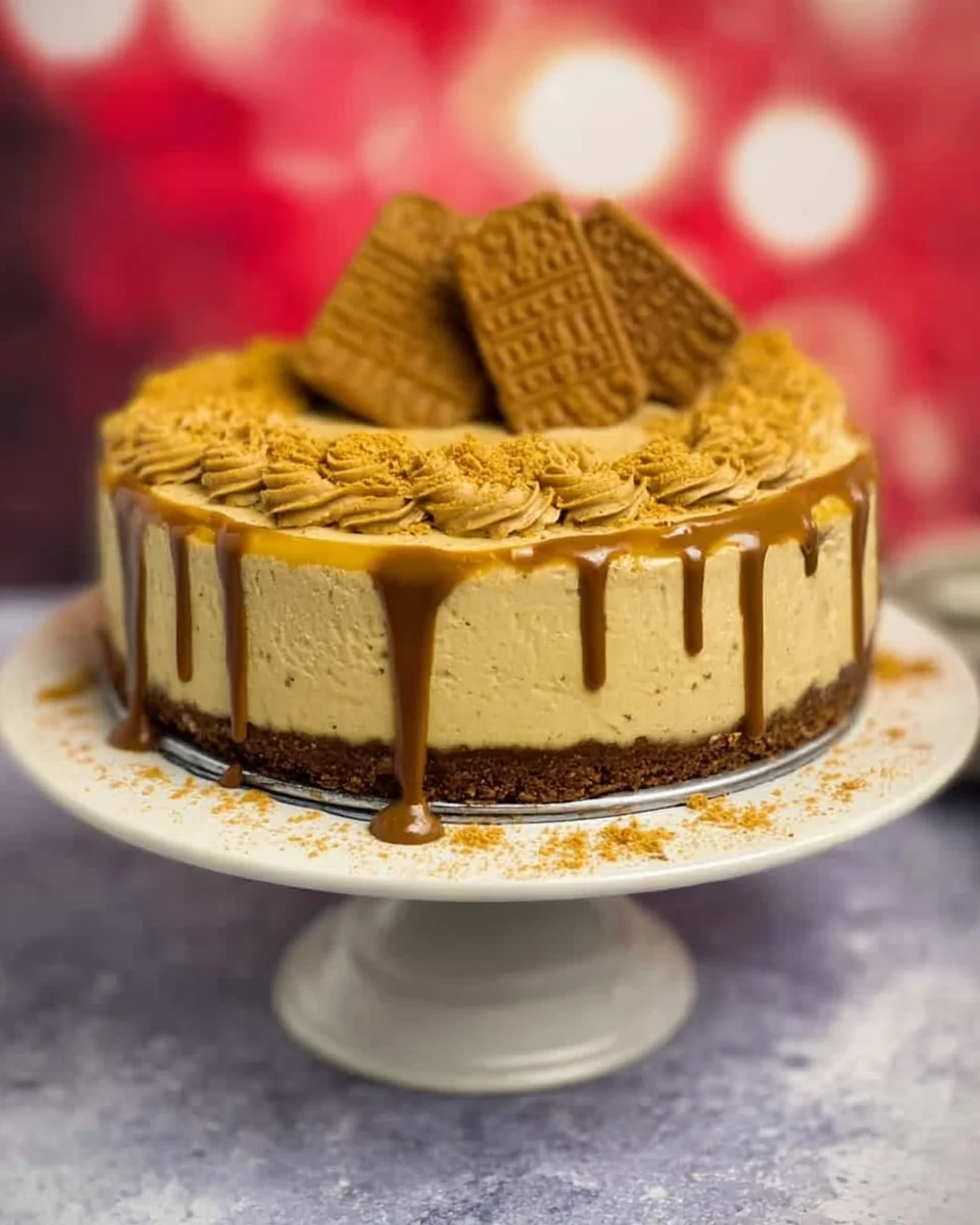A delicious homemade Vegan Biscoff cheesecake on a cake stand.