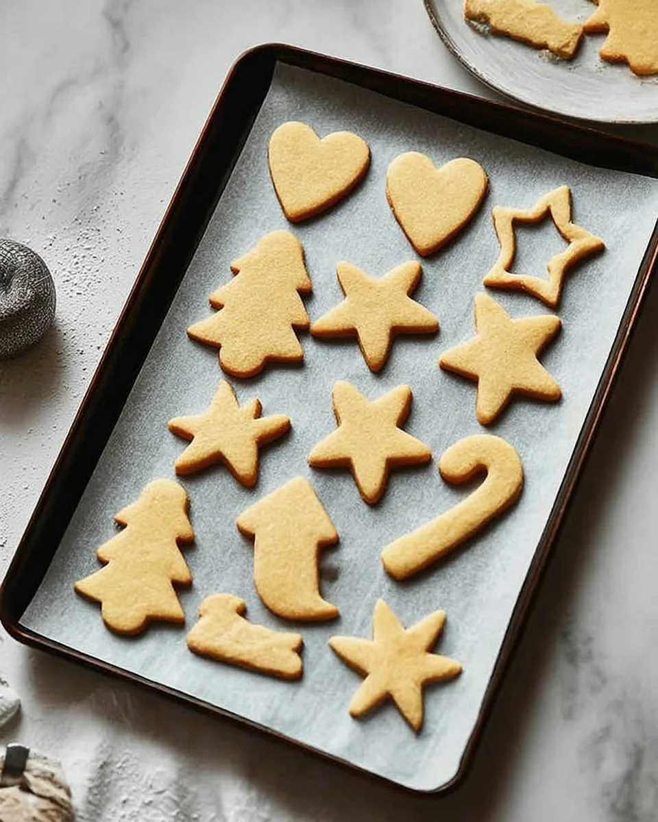 Christmas shaped cookies on a baking sheet.