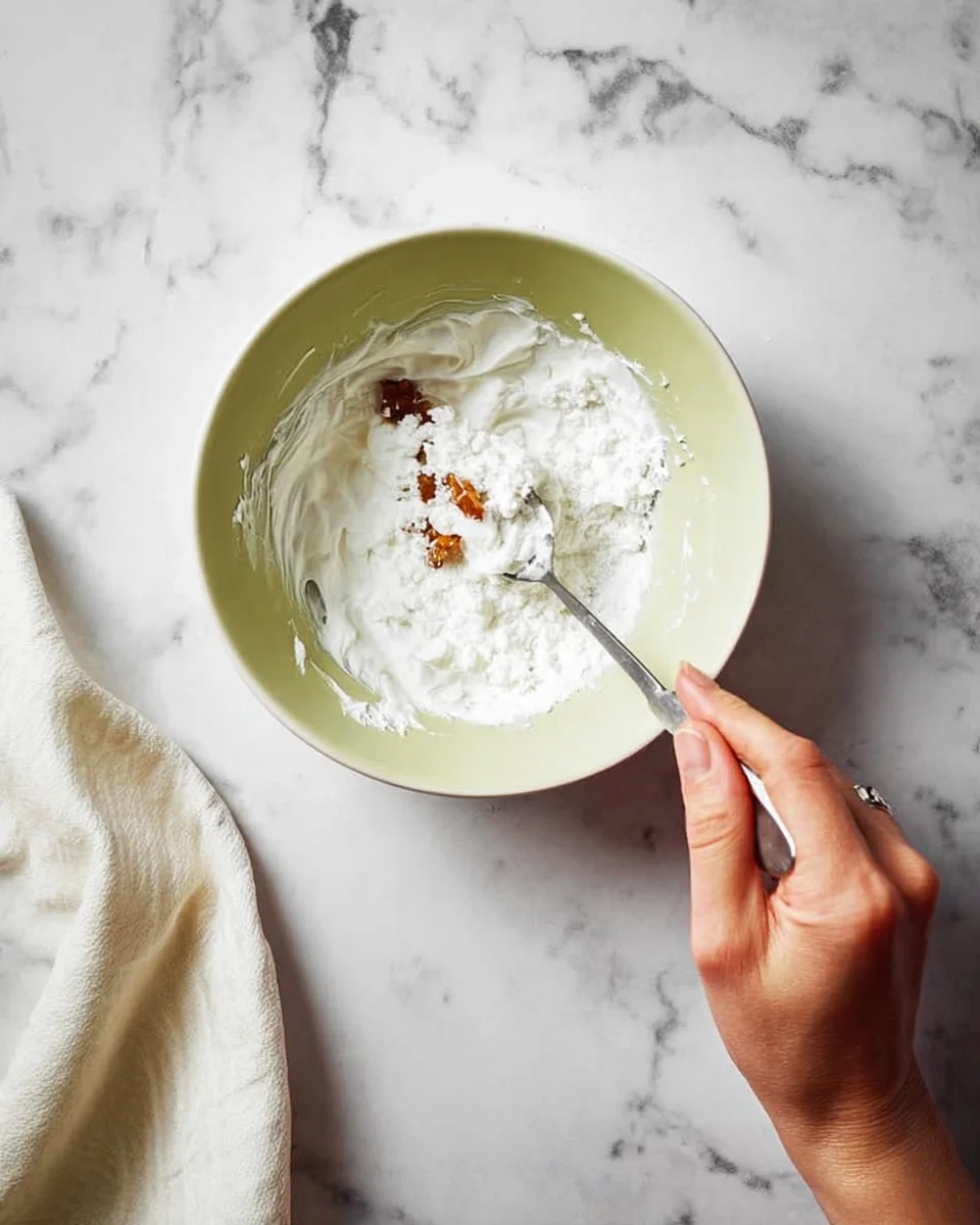 Stirring the frosting ingredients in a small bowl.
