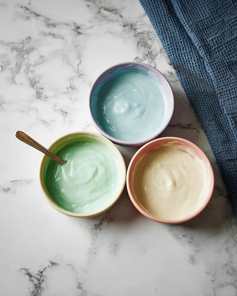Three bowls with three different colored icings.