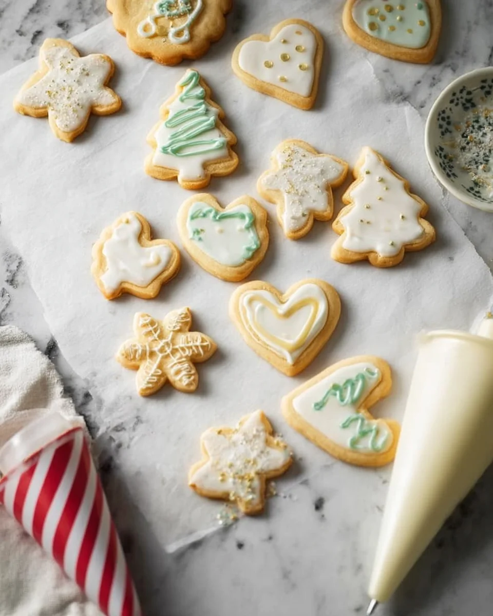 Iced Christmas sugar cookies with a piping bag by the side.