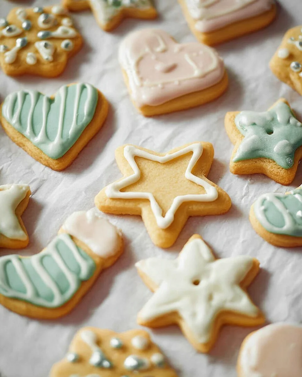 Star, stocking and heart shaped frosted cookies.