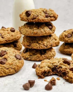 Oatmeal chocolate chip cookies and one with a bite out of it.
