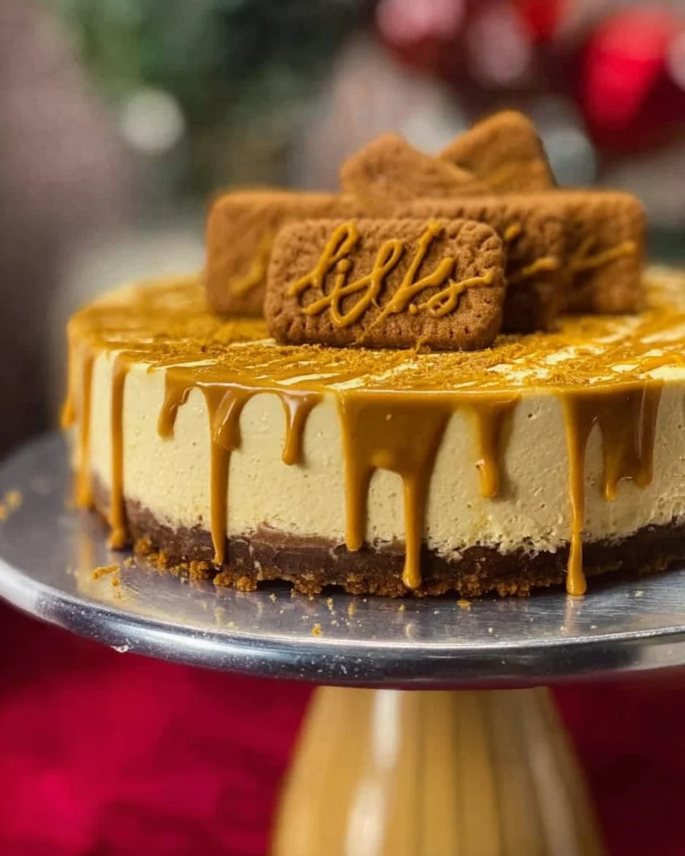 Close up of a vegan Biscoff cheesecake on a cake stand that's just been made.