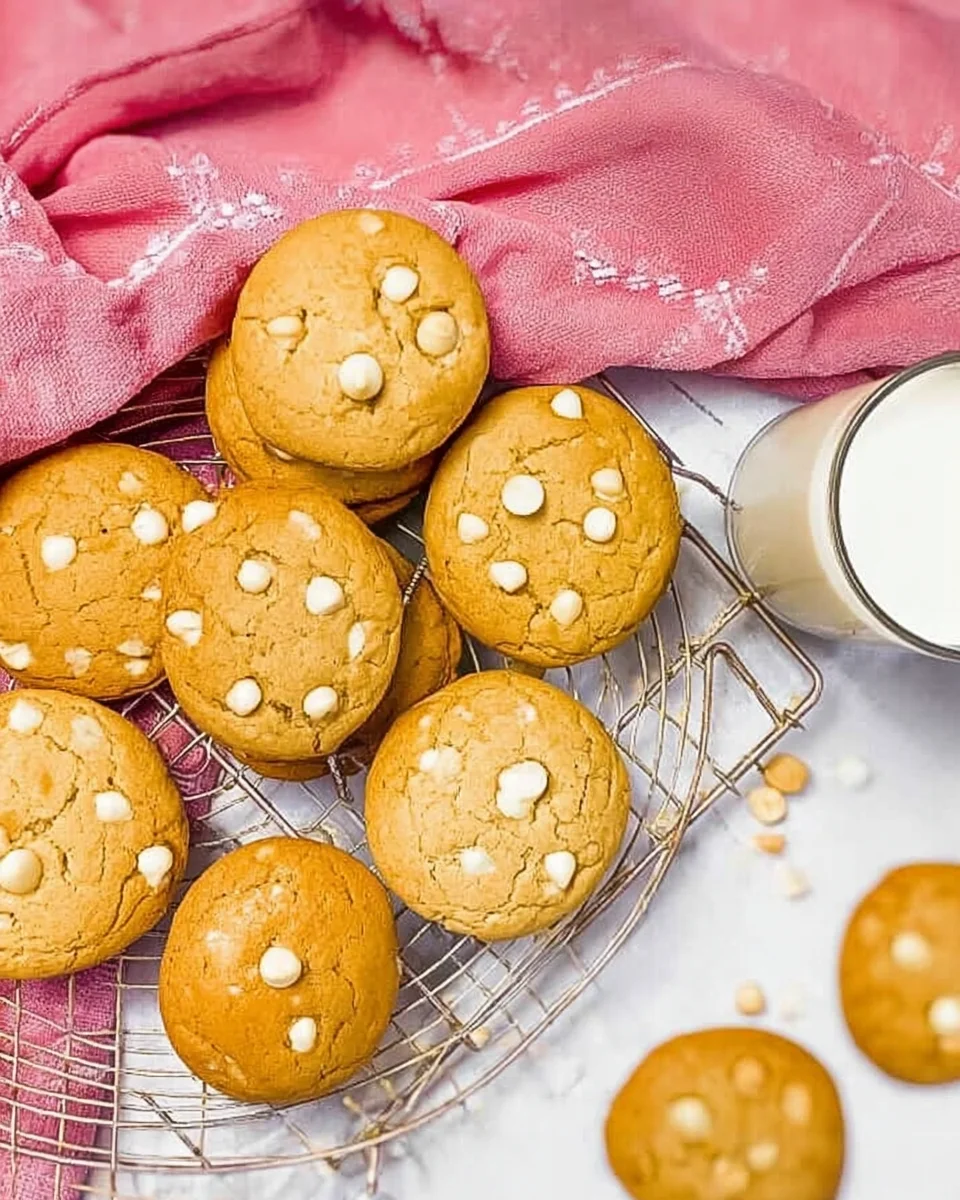 White chocolate macadamia nut cookies on a wire rack with a glass of milk.