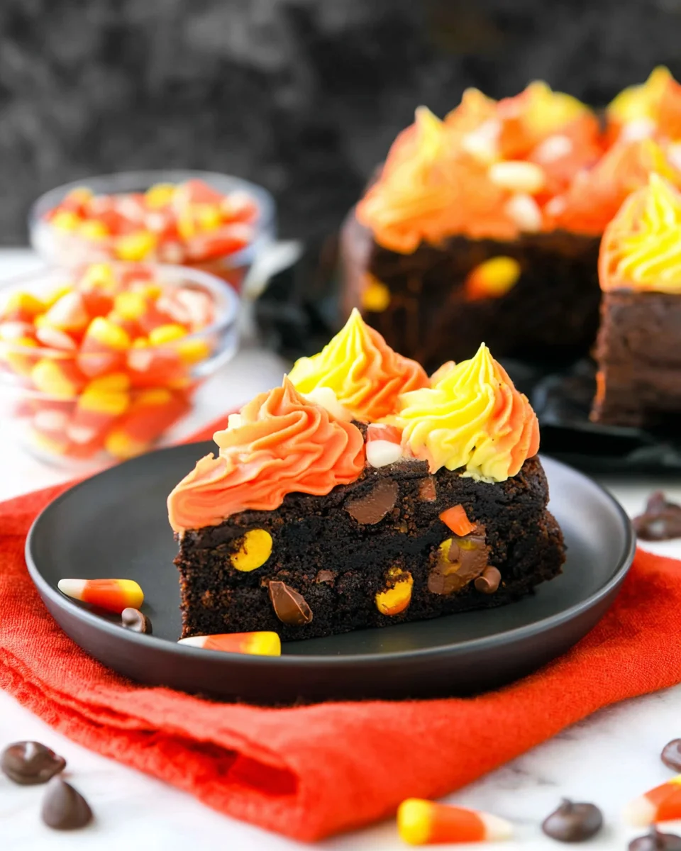 A slice of Candy Corn Chocolate Chip Cookie Cake on a small black plate.