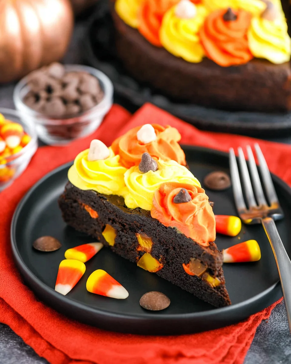 Top view of a slice of Candy Corn Chocolate Chip Cookie Cake on a small black plate.