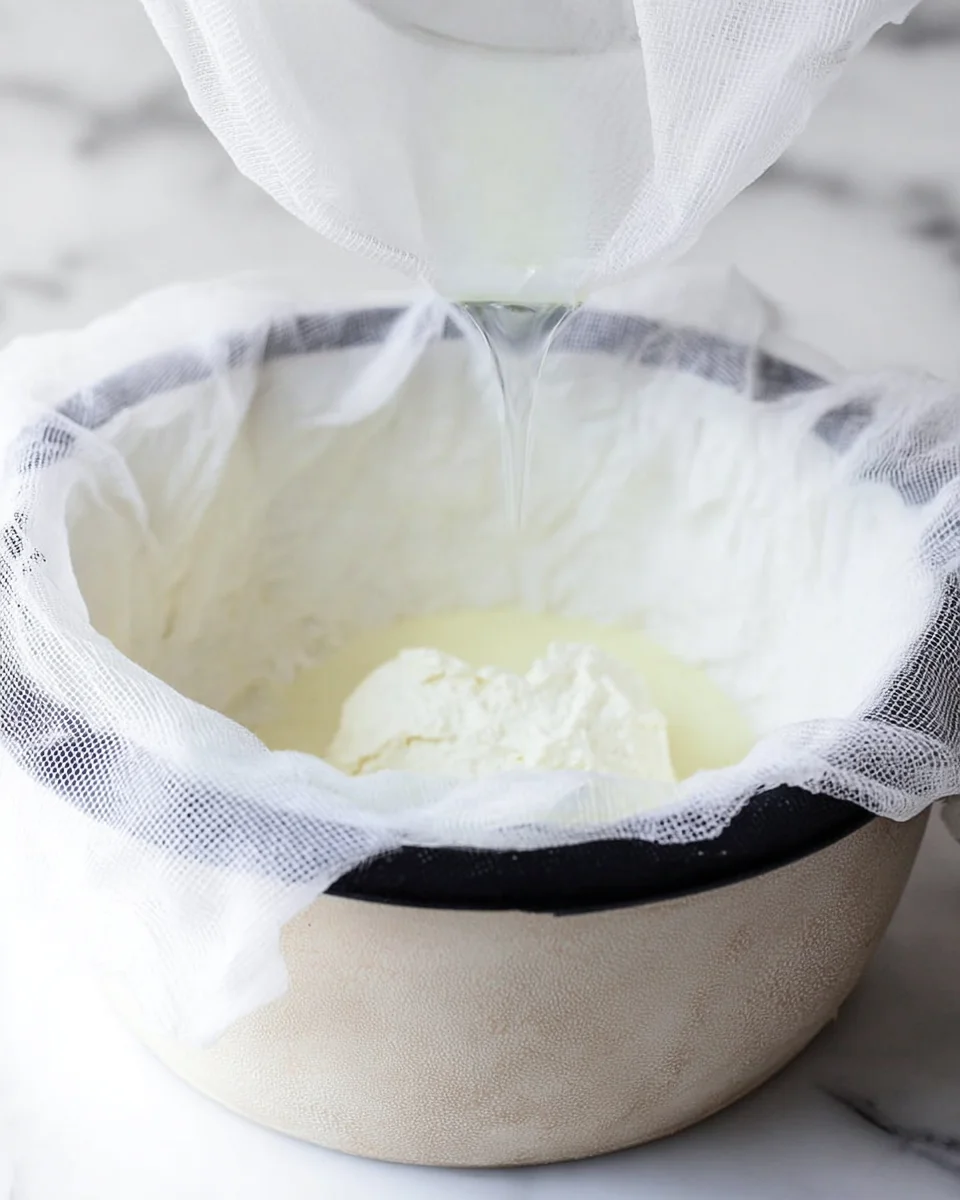 Ricotta cheese being strained through cheesecloth