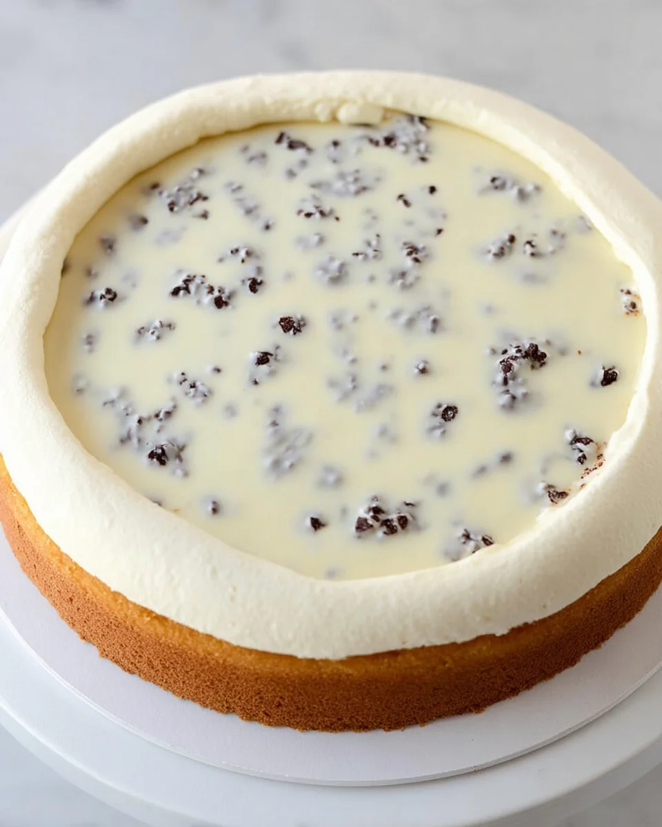 A cake layer topped with cannoli filling and buttercream