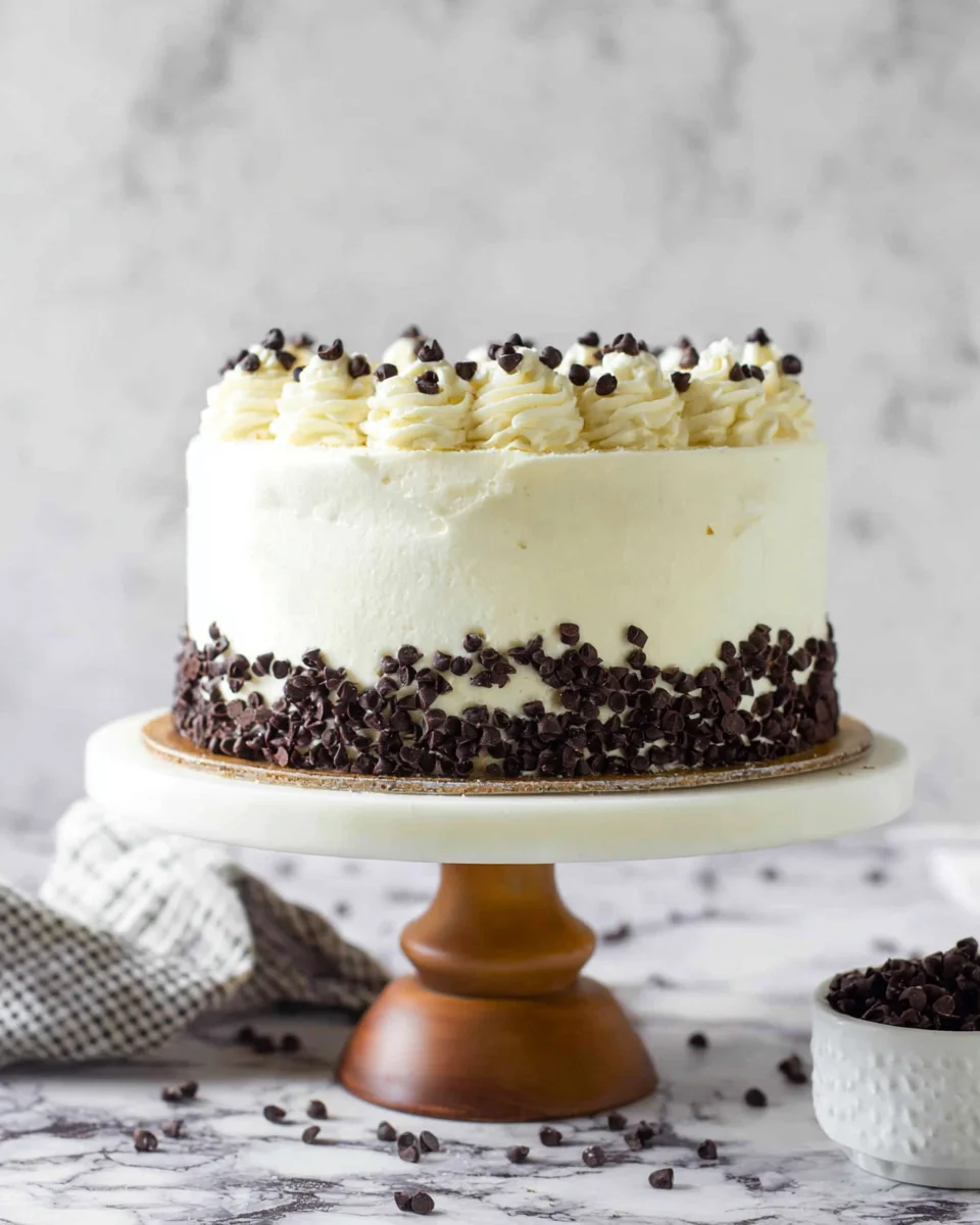 Cannoli layer cake on a cake stand