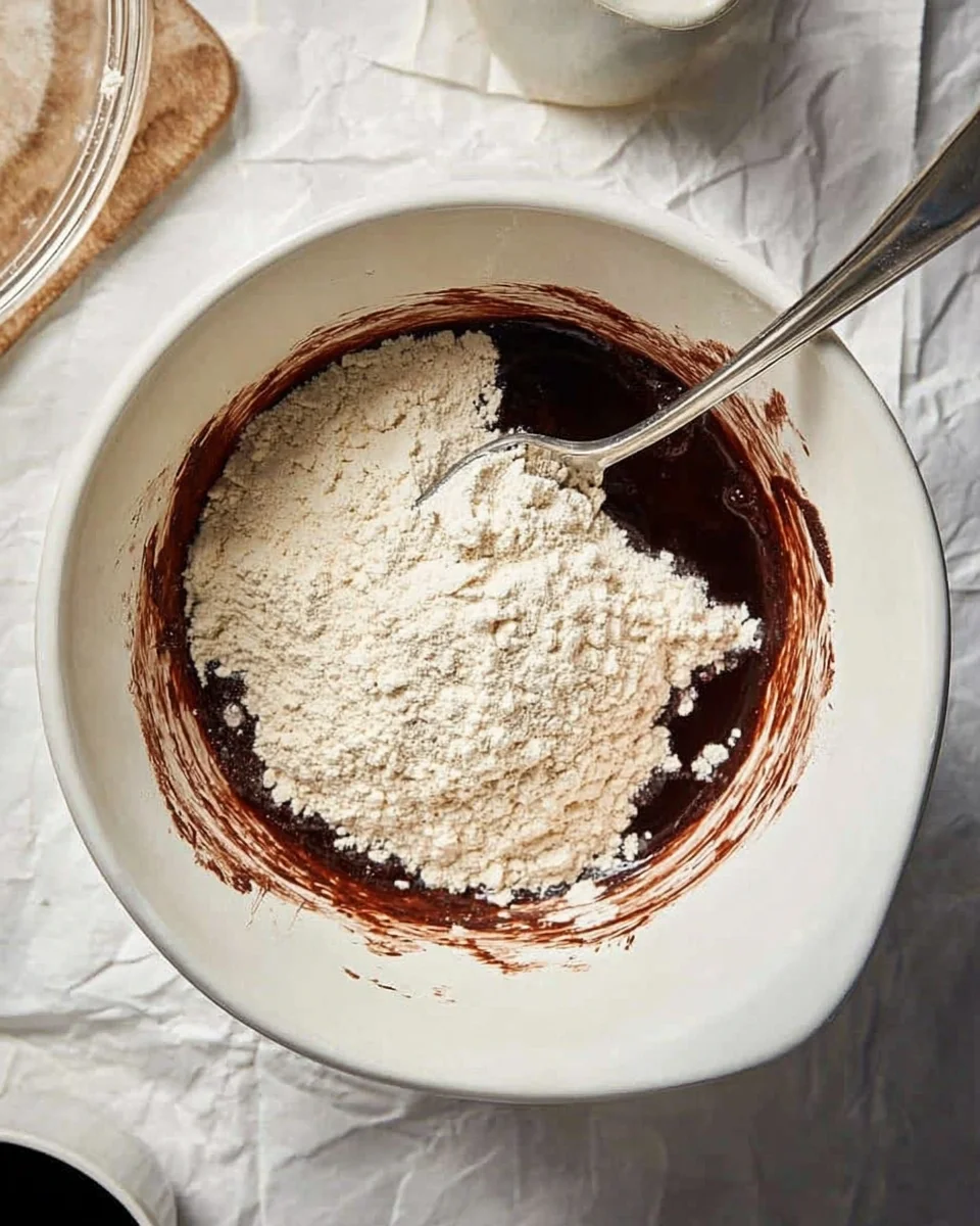 A white mixing bowl with a silver spoon contains a blend of dark brown liquid batter and unmixed flour, hinting at the creation of chocolate crinkle cookies. White parchment paper and light-colored items are visible in the background.