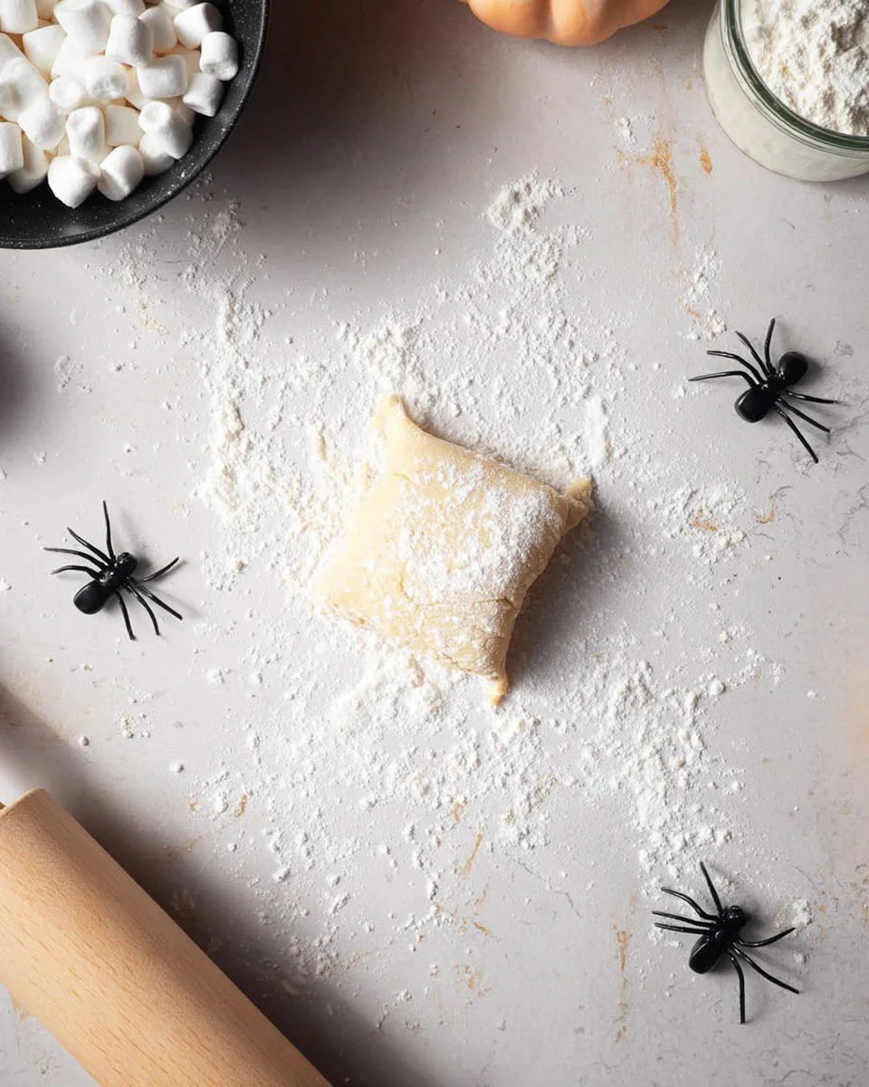 A table with flour, sugar, and a rolling pin next to a spider.