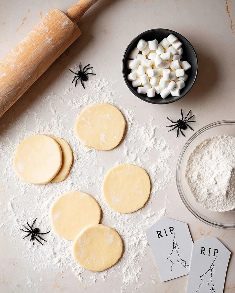 Halloween cookies and a rolling pin on a table.
