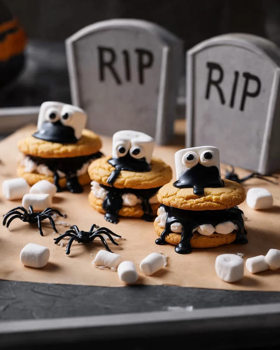 Halloween cookies with marshmallows and ghosts on a tray.