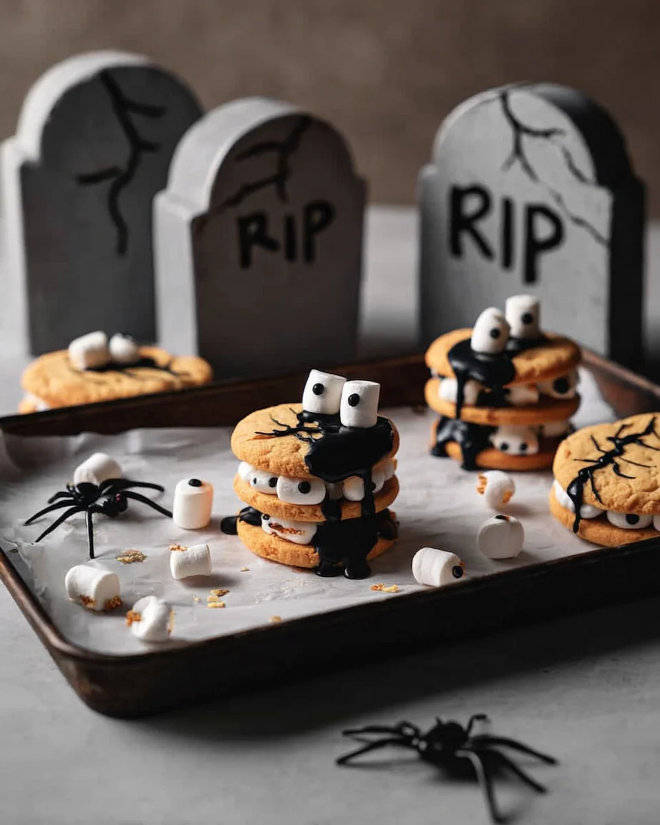 A tray of halloween cookies and marshmallows on a table.